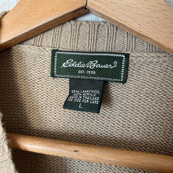 Vintage Eddie Bauer tan lambswool knit crewneck wool sweater preppy size L - Picture 4 of 8
